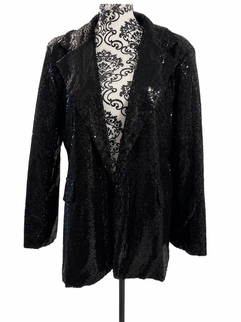 Black Sequin Blazer Jacket XL Long Sleeve Party Evening Sparkle - Picture 1 of 6